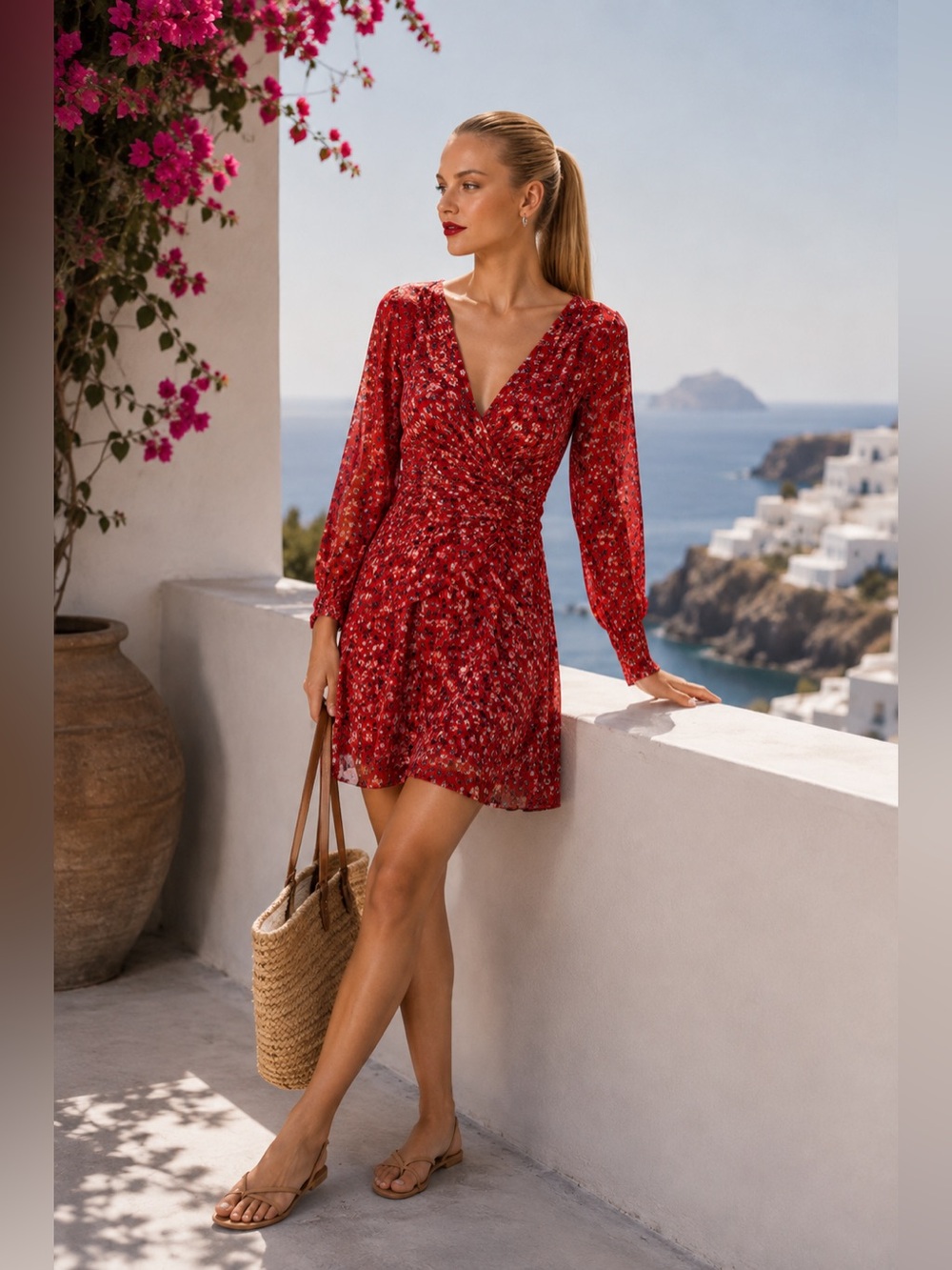 Veronica Beard 100% SILK Red Floral V-Neck Mini Dress Size 10 L